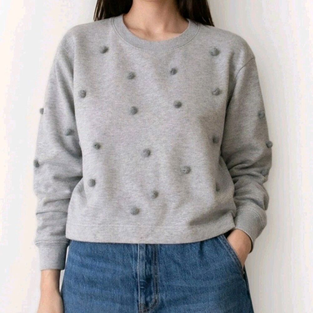 J CREW Sportswear Chic Pom Pom Boxy Pullover Sweatshirt Gray Top Womens Small